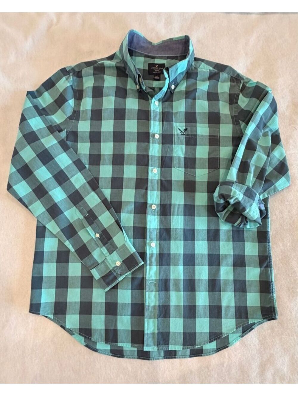American Eagle Men's Button Down Green & Navy size L